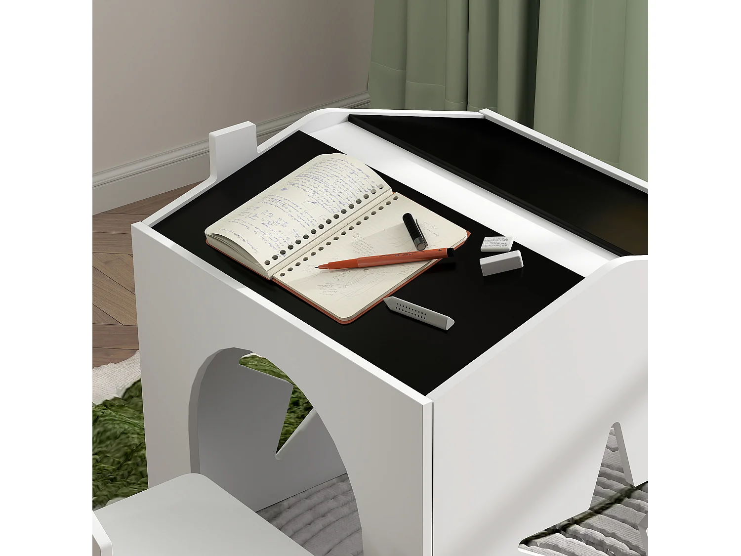 Ensemble 1 table et 2 chaises enfants avec plateau de tableau noir, pieds en pin, pour 3-8 ans, blanc