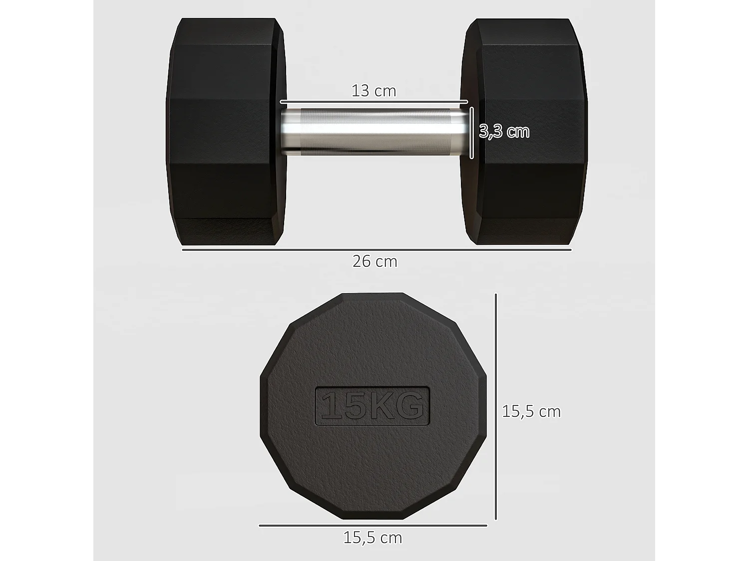 Haltère courte dodécagonale 15 Kg - poignée antidérapante - métal caoutchouc noir