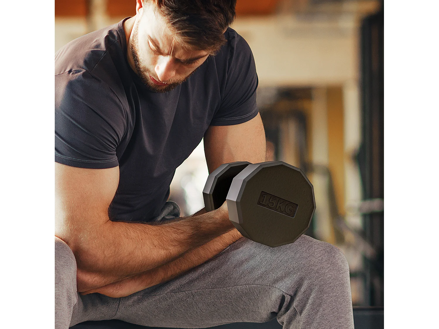 Haltère courte dodécagonale 15 Kg - poignée antidérapante - métal caoutchouc noir