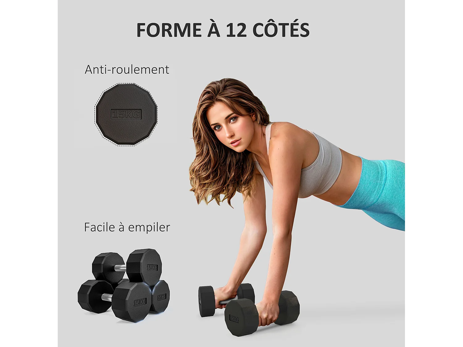 Haltère courte dodécagonale 15 Kg - poignée antidérapante - métal caoutchouc noir