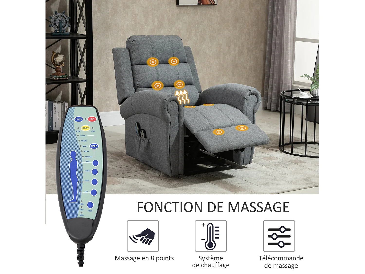 Fauteuil de massage fauteuil releveur électrique inclinaison réglable repose-pied ajustable lin gris chiné