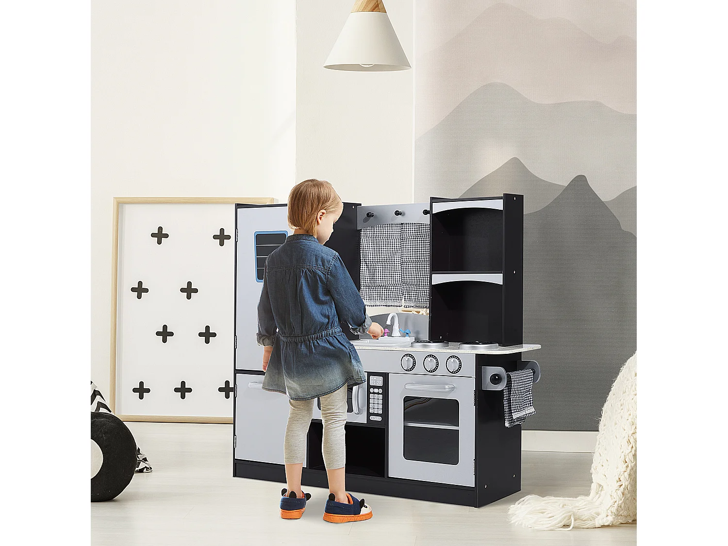 Cuisine pour enfants en bois jeu jouet d'imitation grand réalisme multi-équipement 105L x 32l x 95H cm argent noir