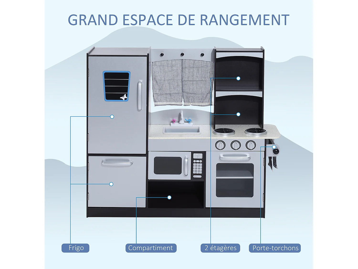 Cuisine pour enfants en bois jeu jouet d'imitation grand réalisme multi-équipement 105L x 32l x 95H cm argent noir