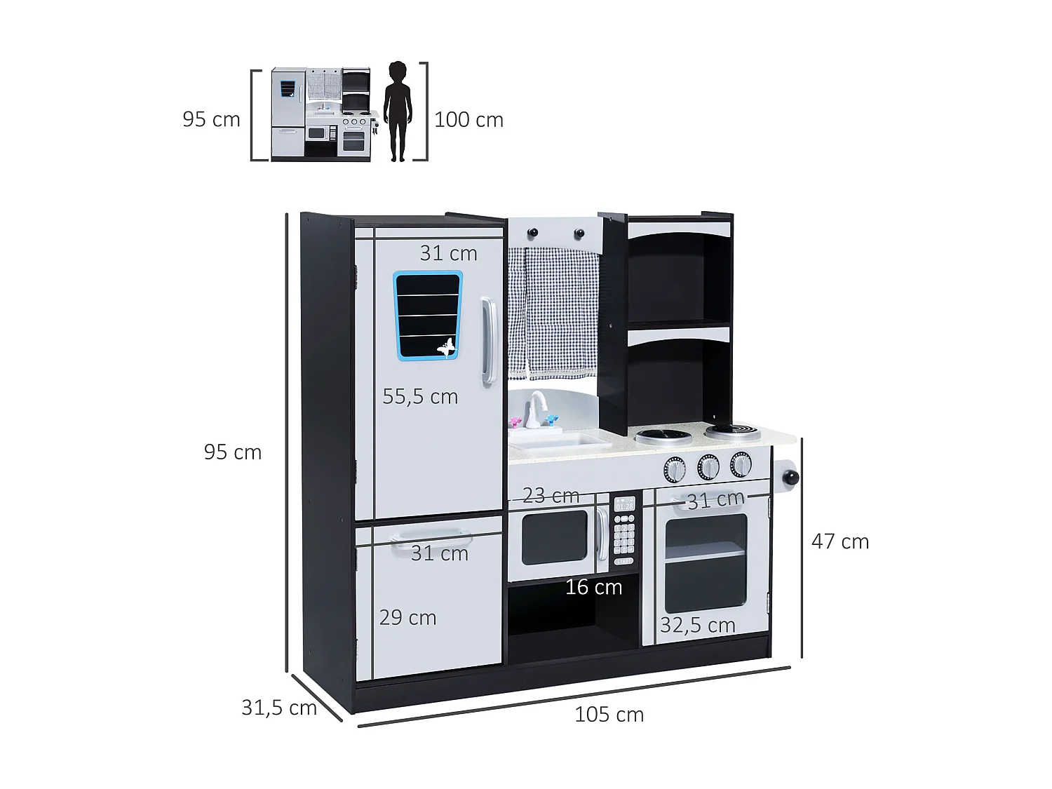 Cuisine pour enfants en bois jeu jouet d'imitation grand réalisme multi-équipement 105L x 32l x 95H cm argent noir