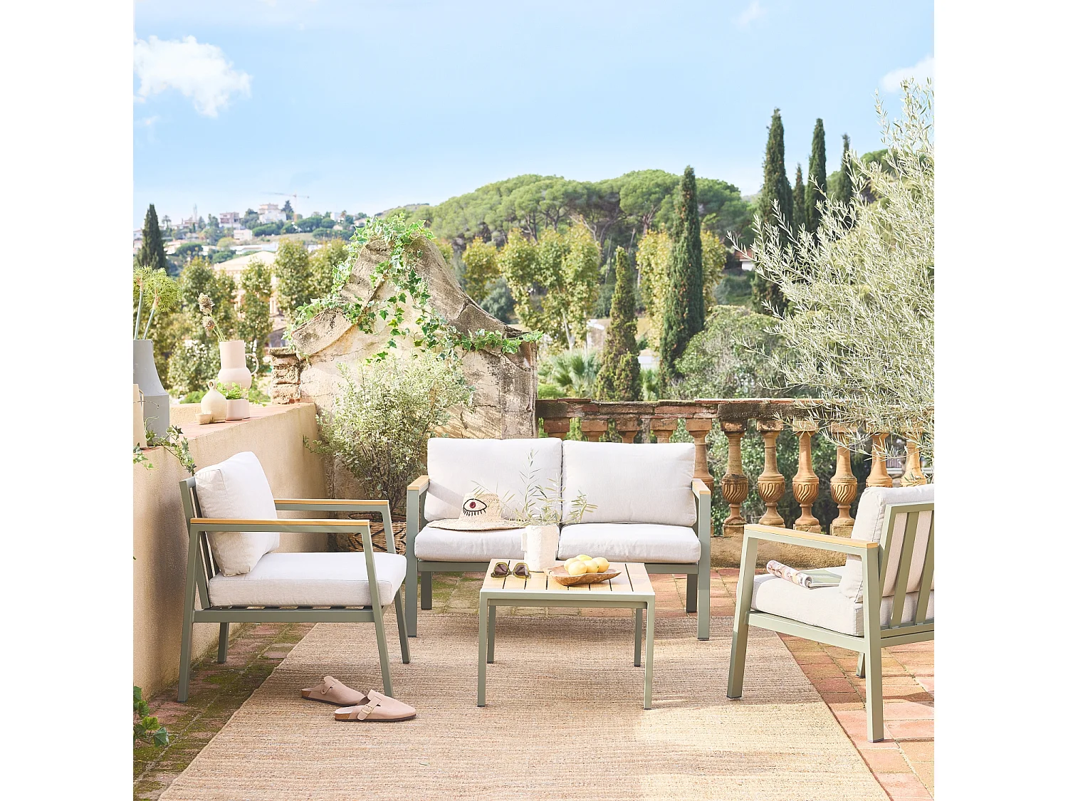 Conjunto de jardín en aluminio y polywood, 4 plazas verde kaki