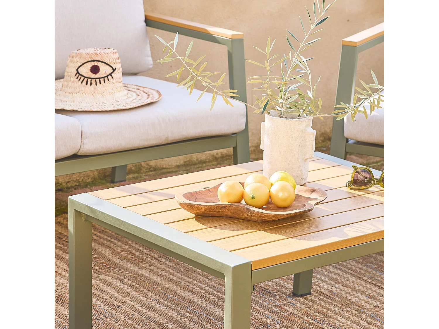 Conjunto de jardín en aluminio y polywood, 4 plazas verde kaki