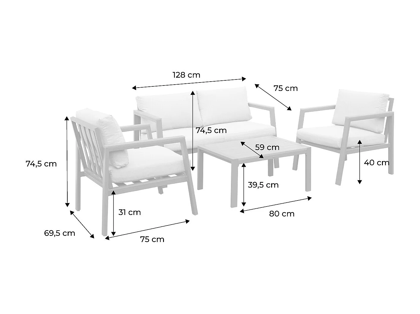 Conjunto de jardín en aluminio y polywood, 4 plazas verde kaki
