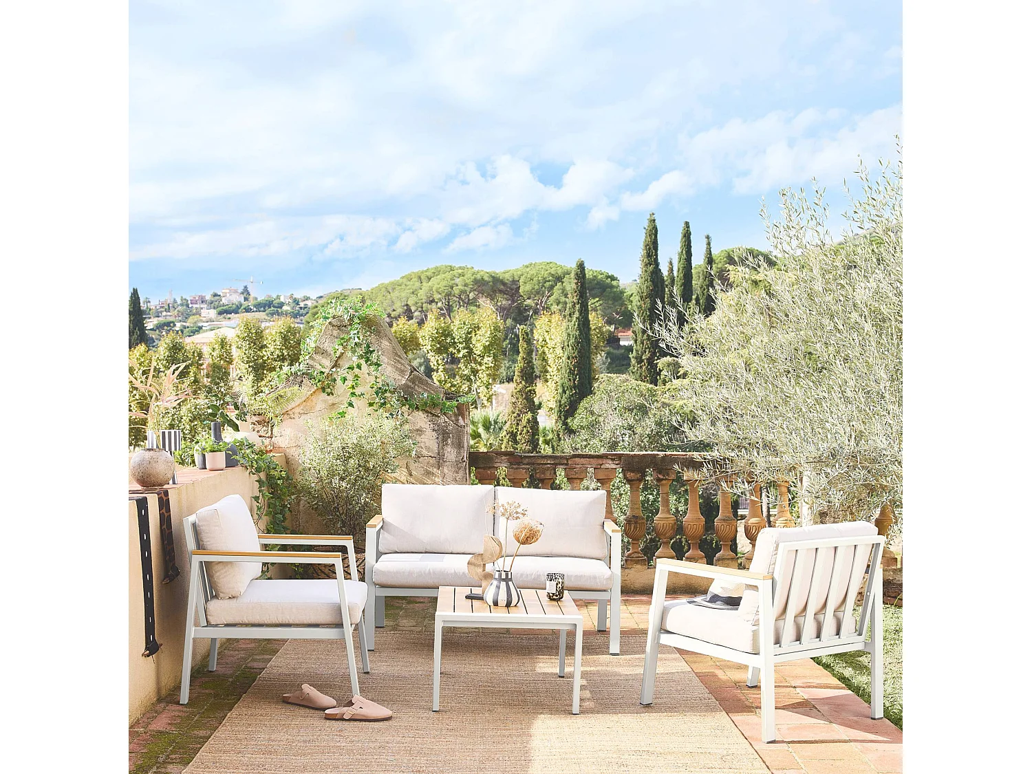 Conjunto de muebles de jardín en aluminio y polywood, 4 plazas blanco