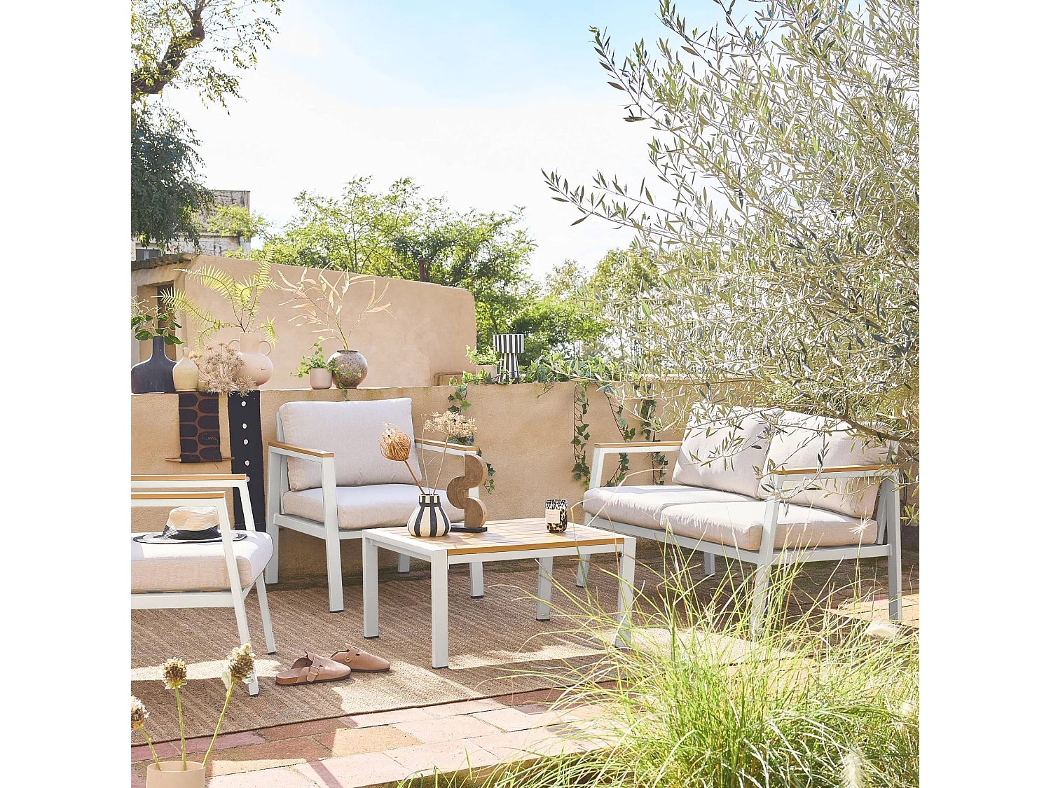 Conjunto de muebles de jardín en aluminio y polywood, 4 plazas blanco