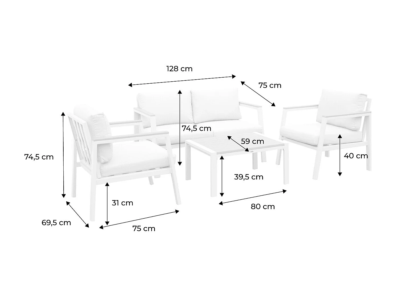 Conjunto de muebles de jardín en aluminio y polywood, 4 plazas blanco