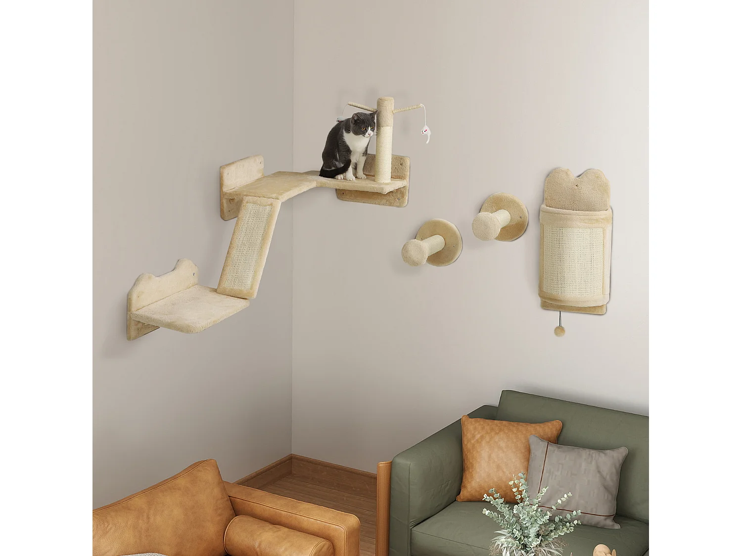 Mur d'escalade pour chat - arbre à chat design mural - griffoirs, grattoirs, jeux - sisal naturel peluche beige