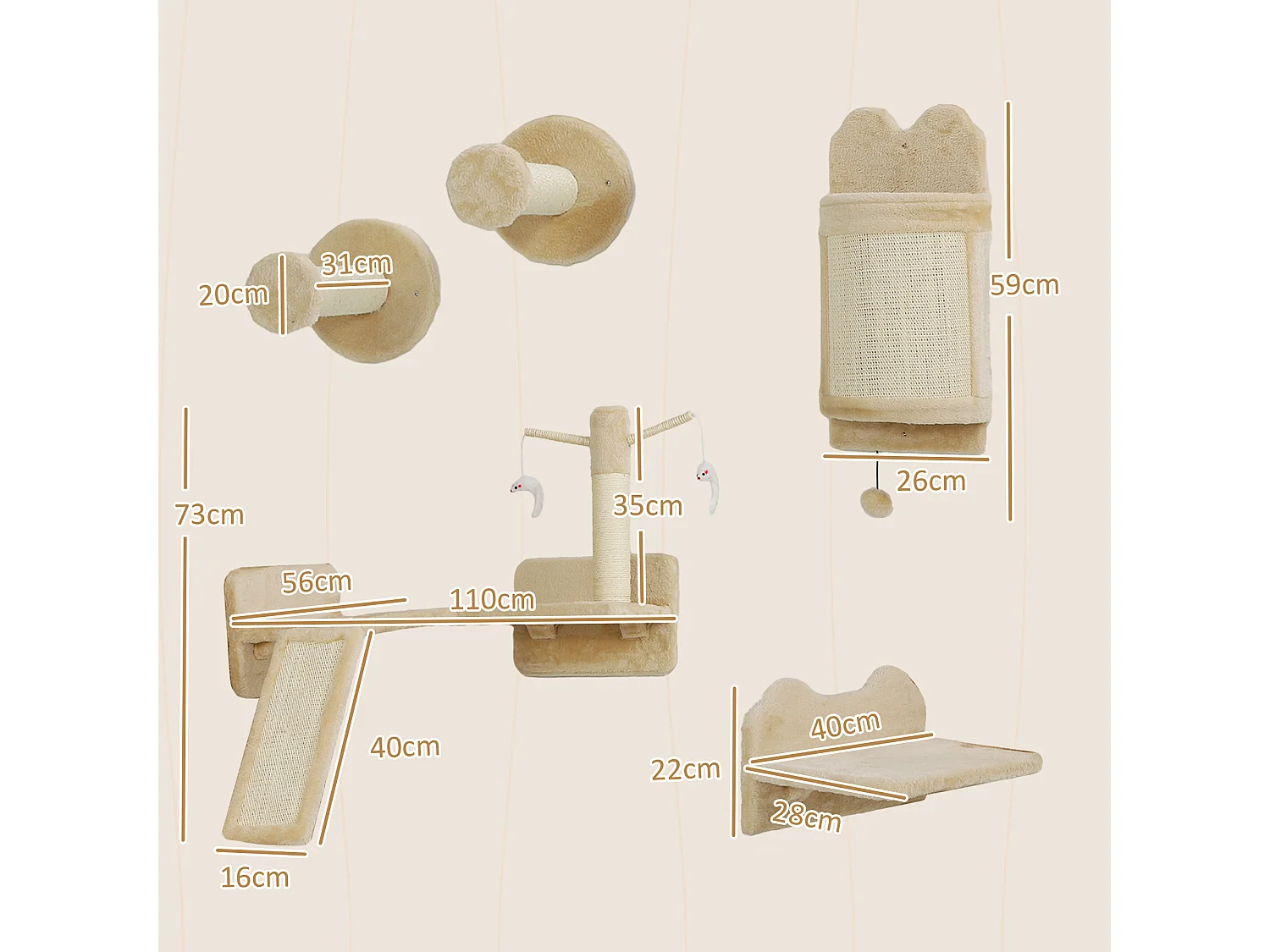 Mur d'escalade pour chat - arbre à chat design mural - griffoirs, grattoirs, jeux - sisal naturel peluche beige