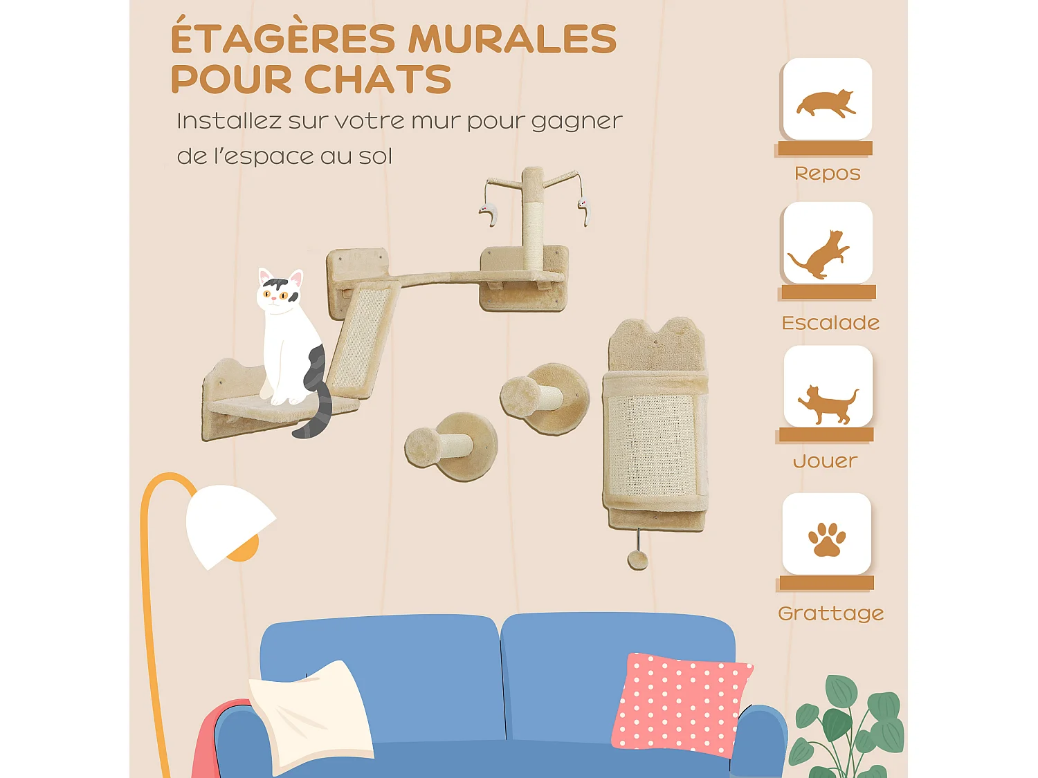 Mur d'escalade pour chat - arbre à chat design mural - griffoirs, grattoirs, jeux - sisal naturel peluche beige