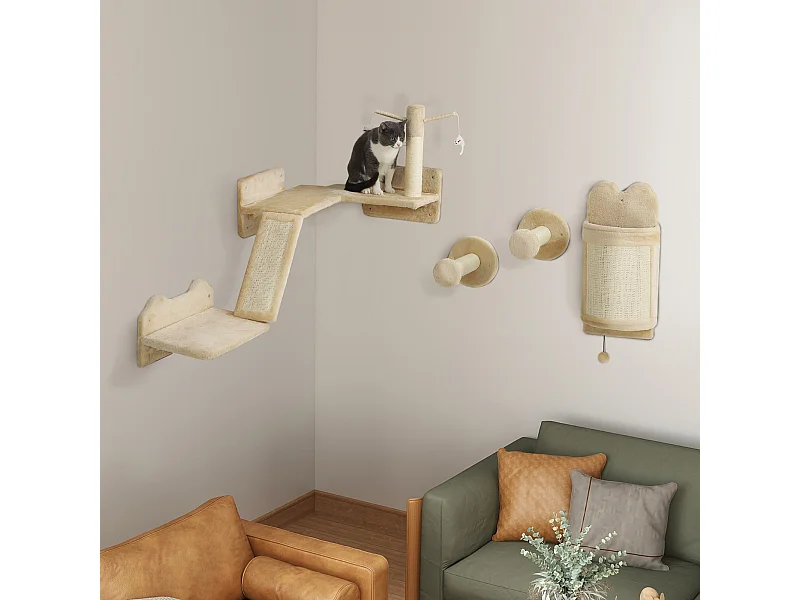 Mur d'escalade pour chat - arbre à chat design mural - griffoirs, grattoirs, jeux - sisal naturel peluche beige
