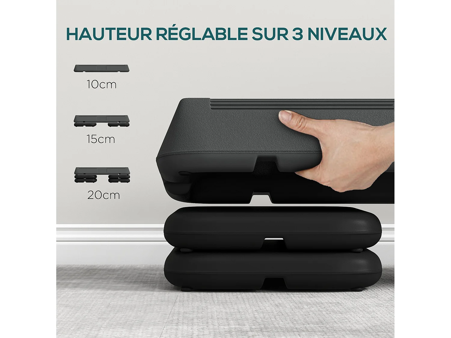 Stepper aérobic fitness hauteur réglable 3 niv. 10/15/20 cm surface antidérapante PE gris