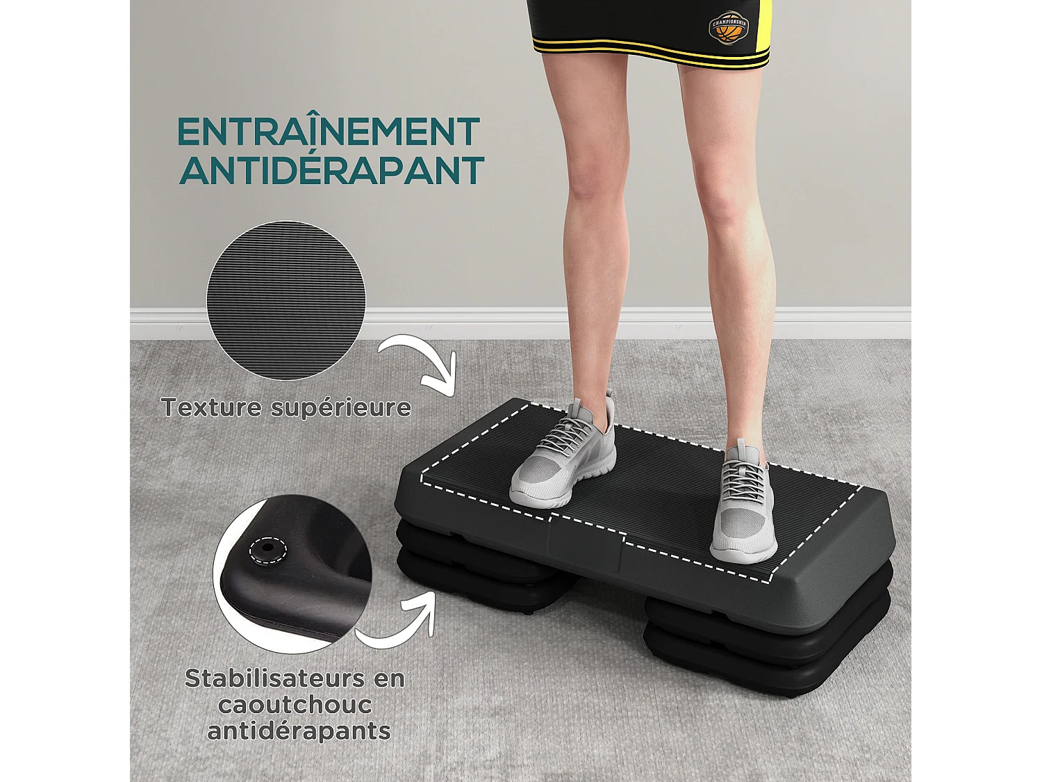 Stepper aérobic fitness hauteur réglable 3 niv. 10/15/20 cm surface antidérapante PE gris