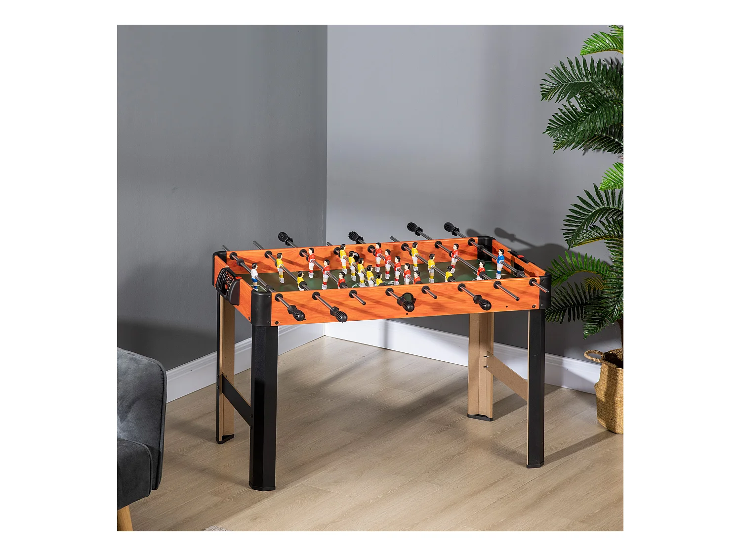 Mini babyfoot - table de baby-foot enfant - 2 balles, tableaux affichage - dim. 118L x 104l x 69H cm - noir aspect bois