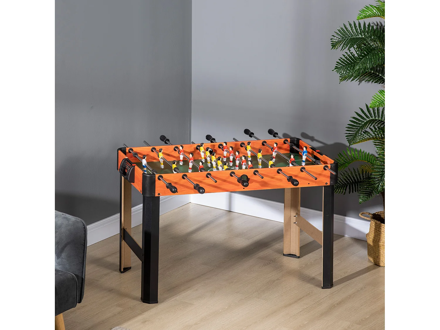 Mini babyfoot - table de baby-foot enfant - 2 balles, tableaux affichage - dim. 118L x 104l x 69H cm - noir aspect bois