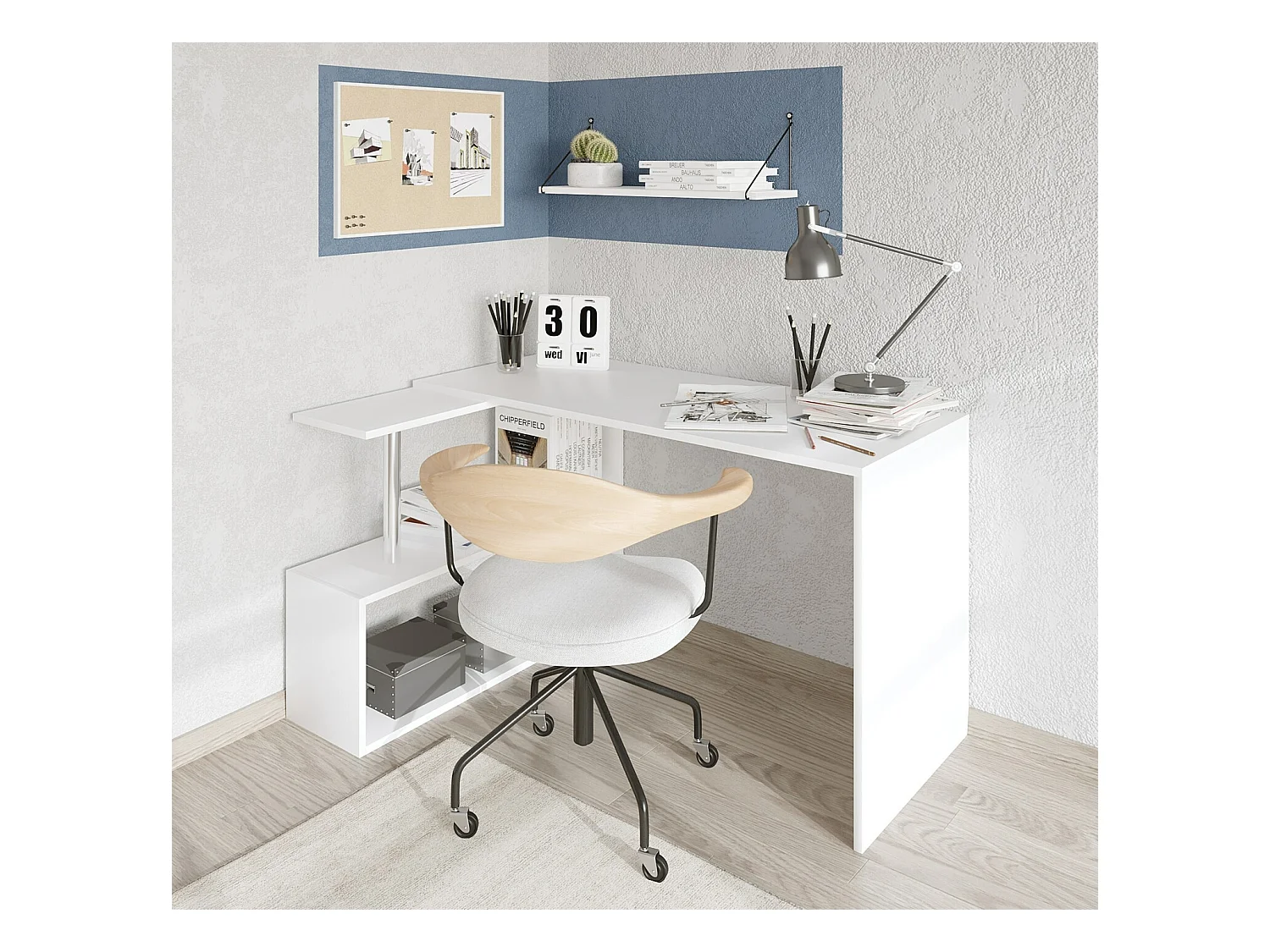 Mesa de ordenador esquinera Kailua 602, Rectangular, 74x130x94cm, Blanco