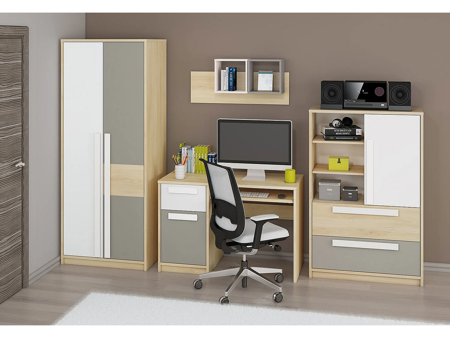 KINDERZIMMER-SET Drop Fjord Buche / weiß / grau 4-teilig