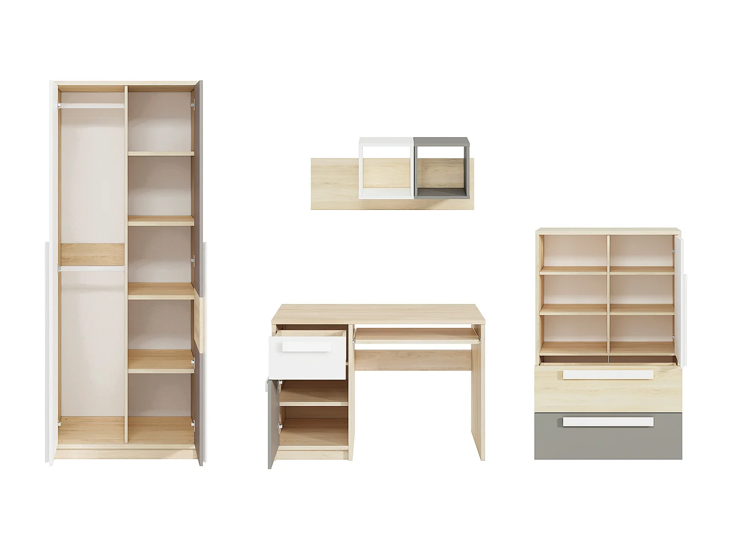 KINDERZIMMER-SET Drop Fjord Buche / weiß / grau 4-teilig