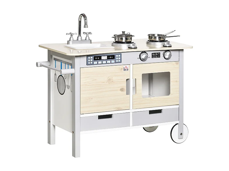 Cuisine desserte pour enfant 2 en 1 multi-équipement avec 5 accessoires acier inox. MDF aspect bois clair gris