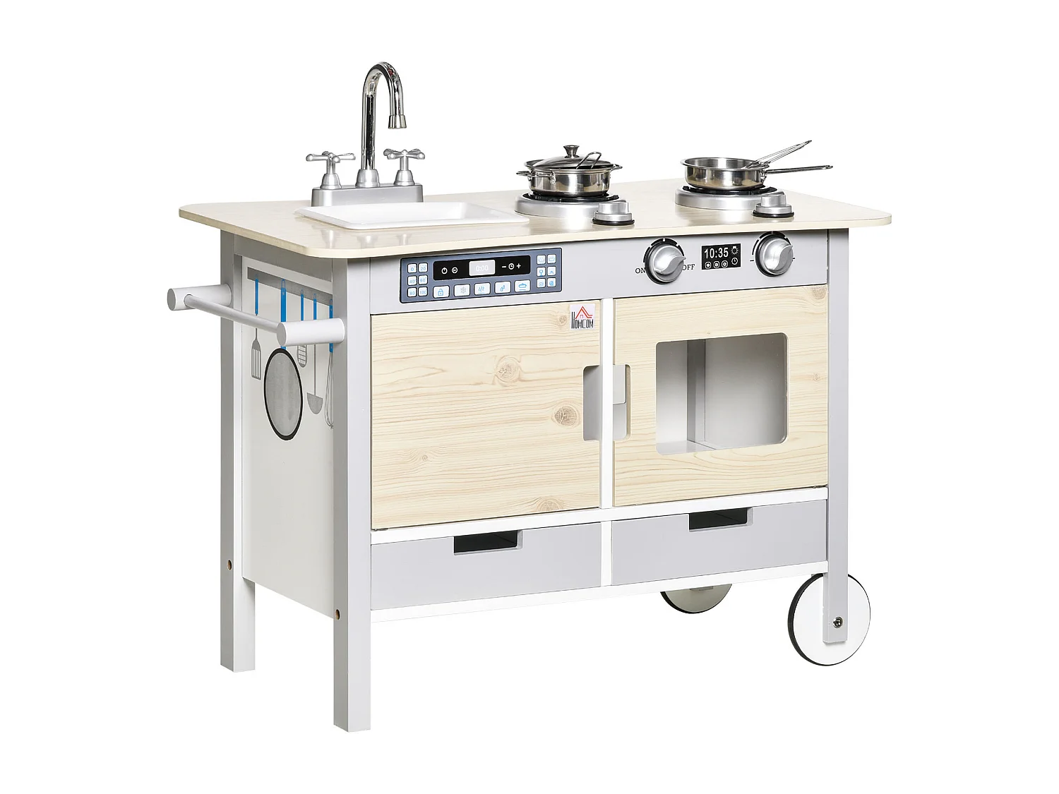 Cuisine desserte pour enfant 2 en 1 multi-équipement avec 5 accessoires acier inox. MDF aspect bois clair gris
