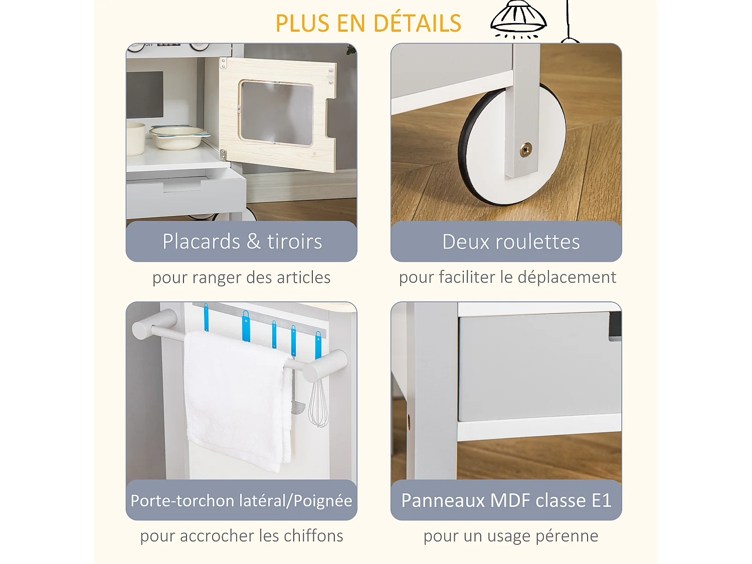 Cuisine desserte pour enfant 2 en 1 multi-équipement avec 5 accessoires acier inox. MDF aspect bois clair gris