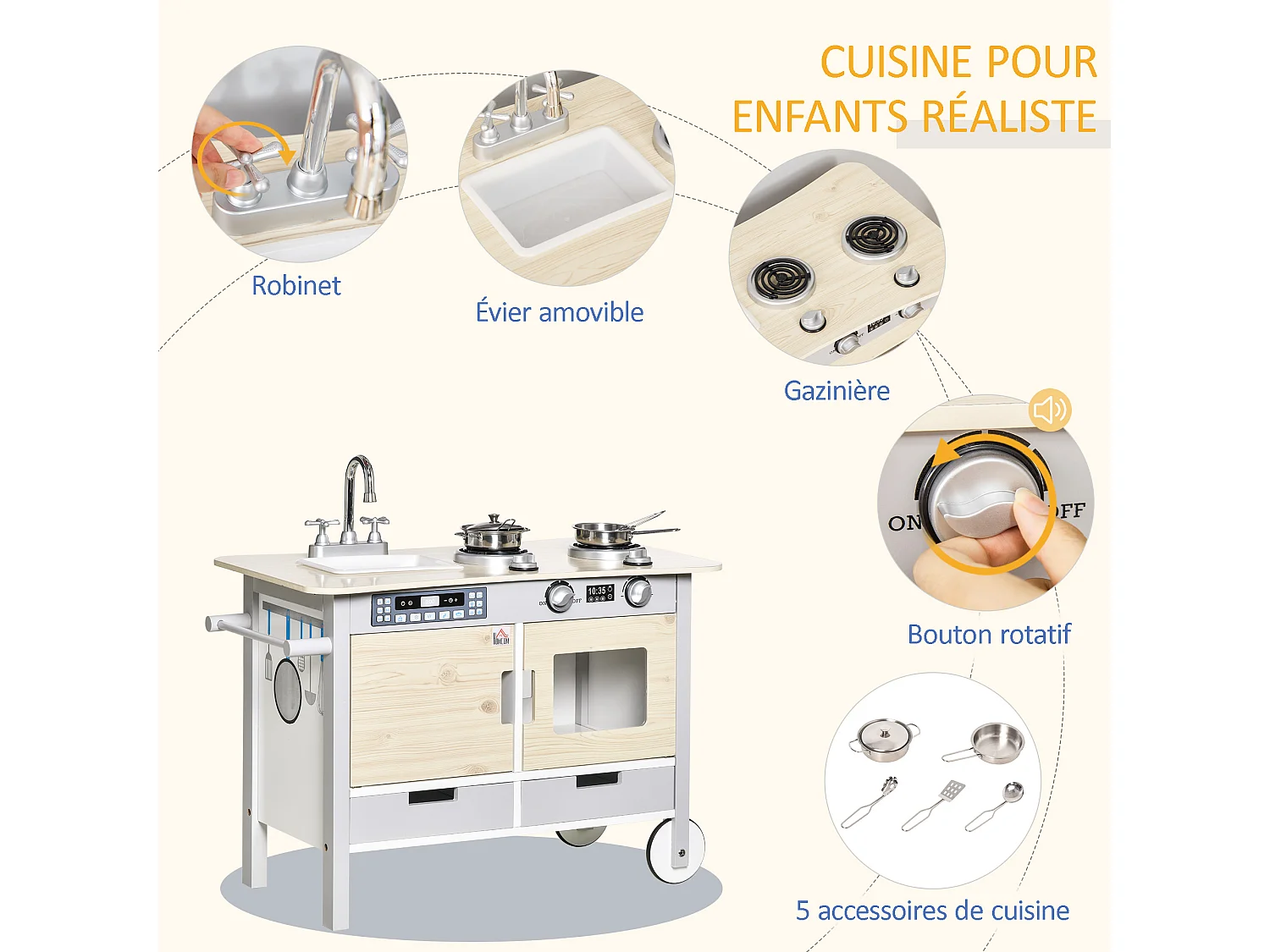Cuisine desserte pour enfant 2 en 1 multi-équipement avec 5 accessoires acier inox. MDF aspect bois clair gris
