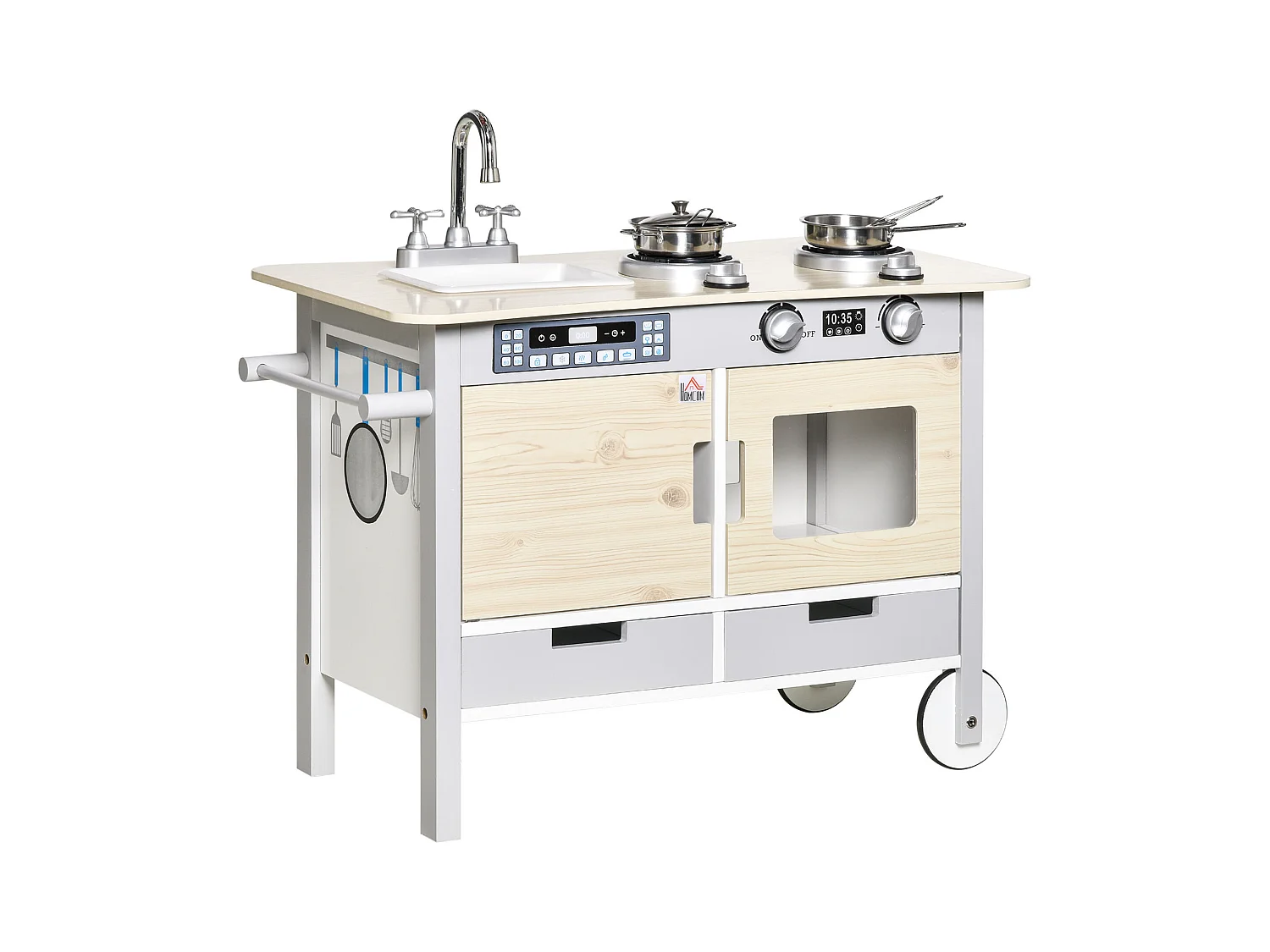 Cuisine desserte pour enfant 2 en 1 multi-équipement avec 5 accessoires acier inox. MDF aspect bois clair gris
