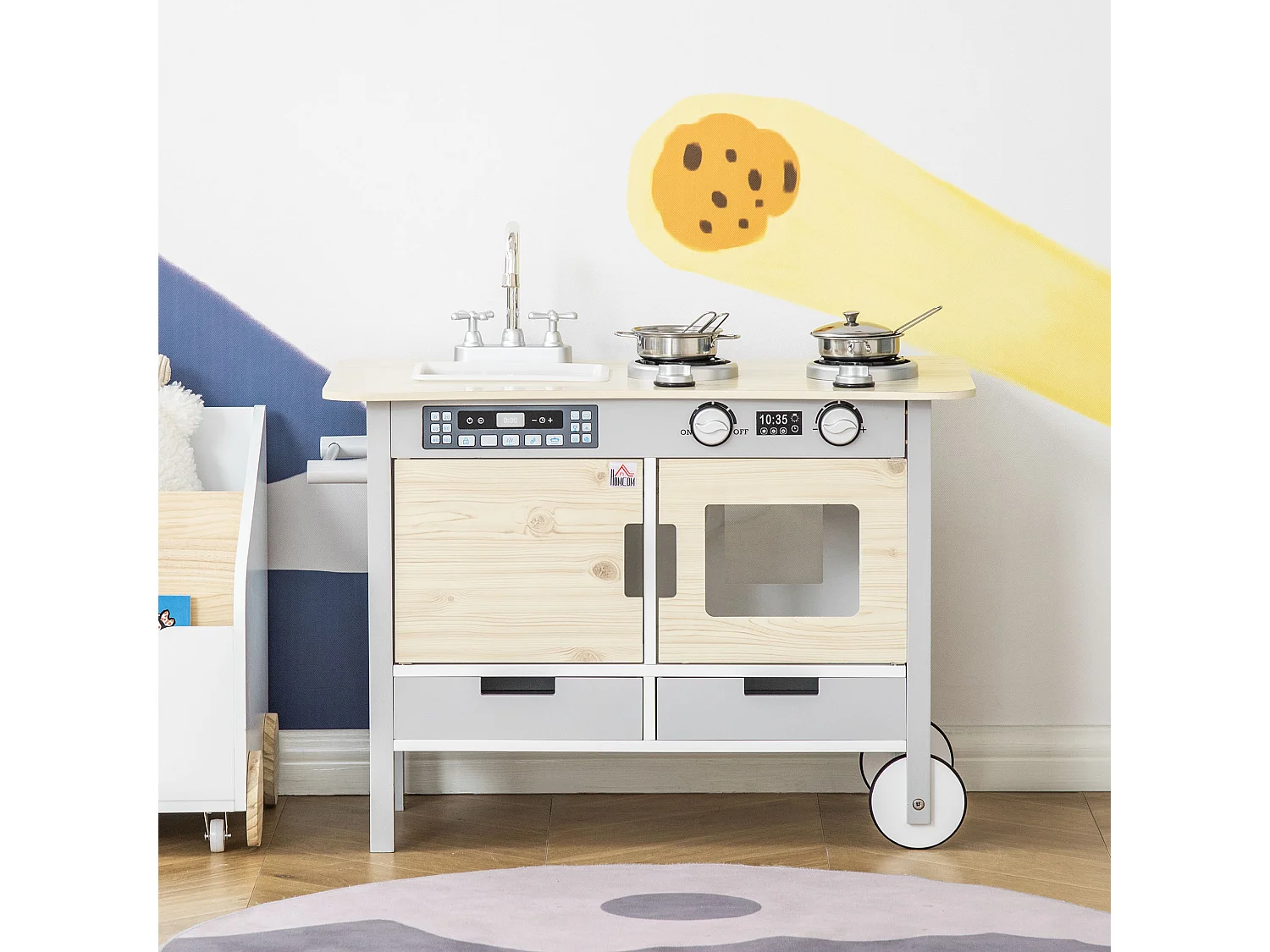 Cuisine desserte pour enfant 2 en 1 multi-équipement avec 5 accessoires acier inox. MDF aspect bois clair gris
