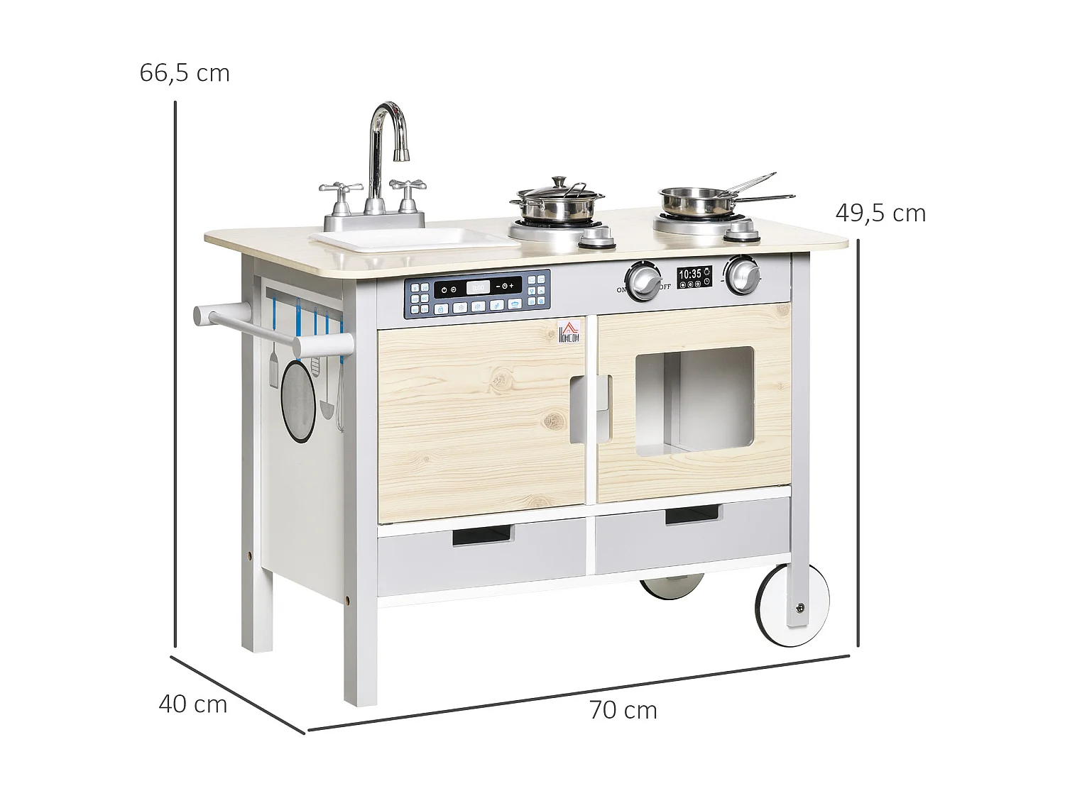 Cuisine desserte pour enfant 2 en 1 multi-équipement avec 5 accessoires acier inox. MDF aspect bois clair gris