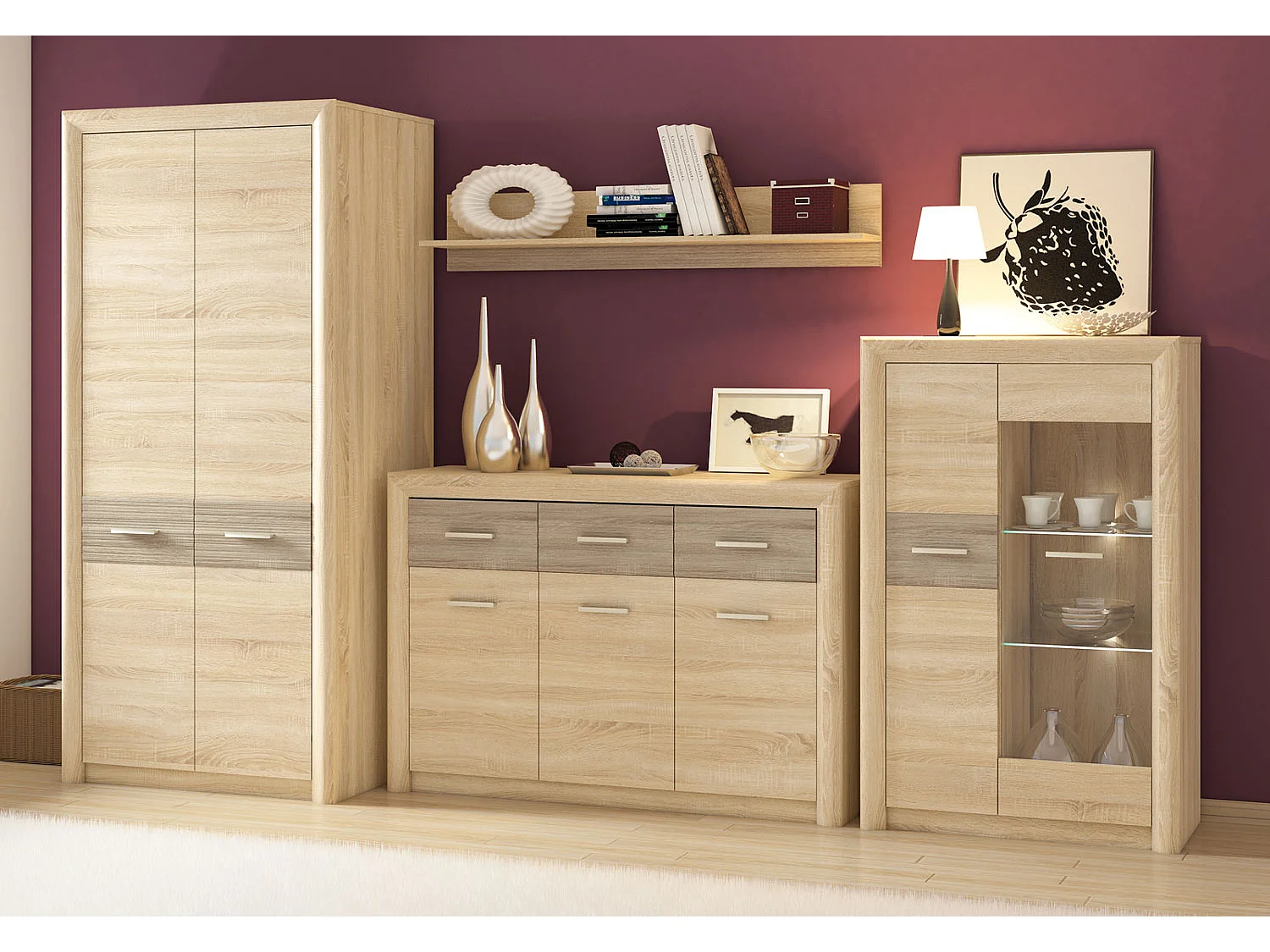 WOHNWAND Castel Sonoma Eiche hell / Sonoma Eiche Trüffel 4-teilig