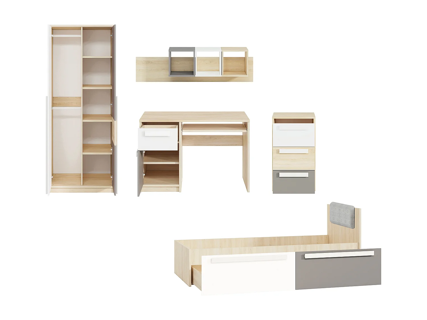 KINDERZIMMER-SET Drop Fjord Buche / weiß / grau 5-teilig