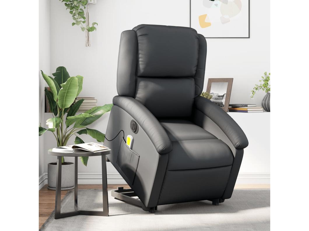 Massagesessel mit Aufstehhilfe Elektrisch Schwarz Echtleder