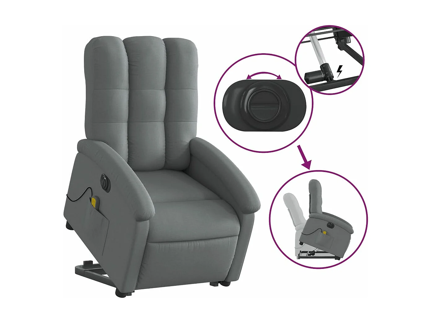 Sillón de masaje eléctrico reclinable elevable tela gris oscuro