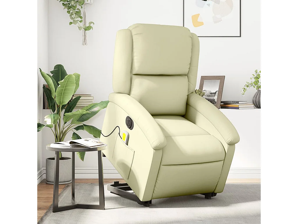 Fauteuil inclinable de massage électrique crème cuir véritable