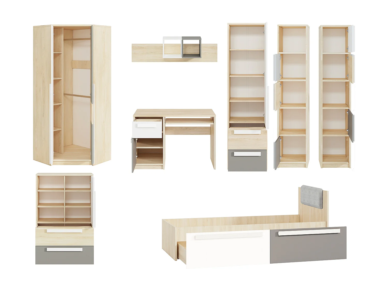KINDERZIMMER-SET Drop Fjord Buche / weiß / grau 8-teilig