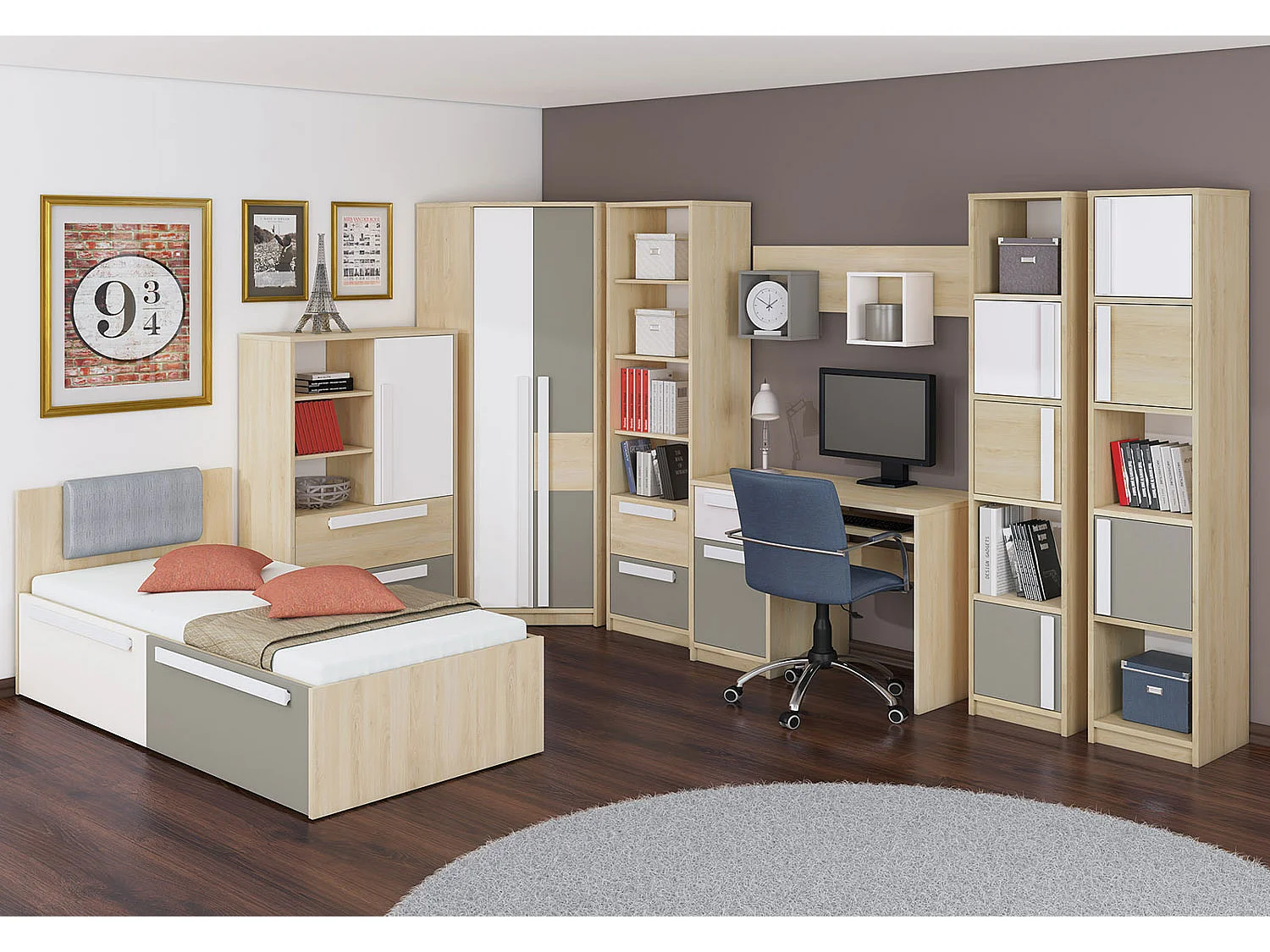 KINDERZIMMER-SET Drop Fjord Buche / weiß / grau 8-teilig