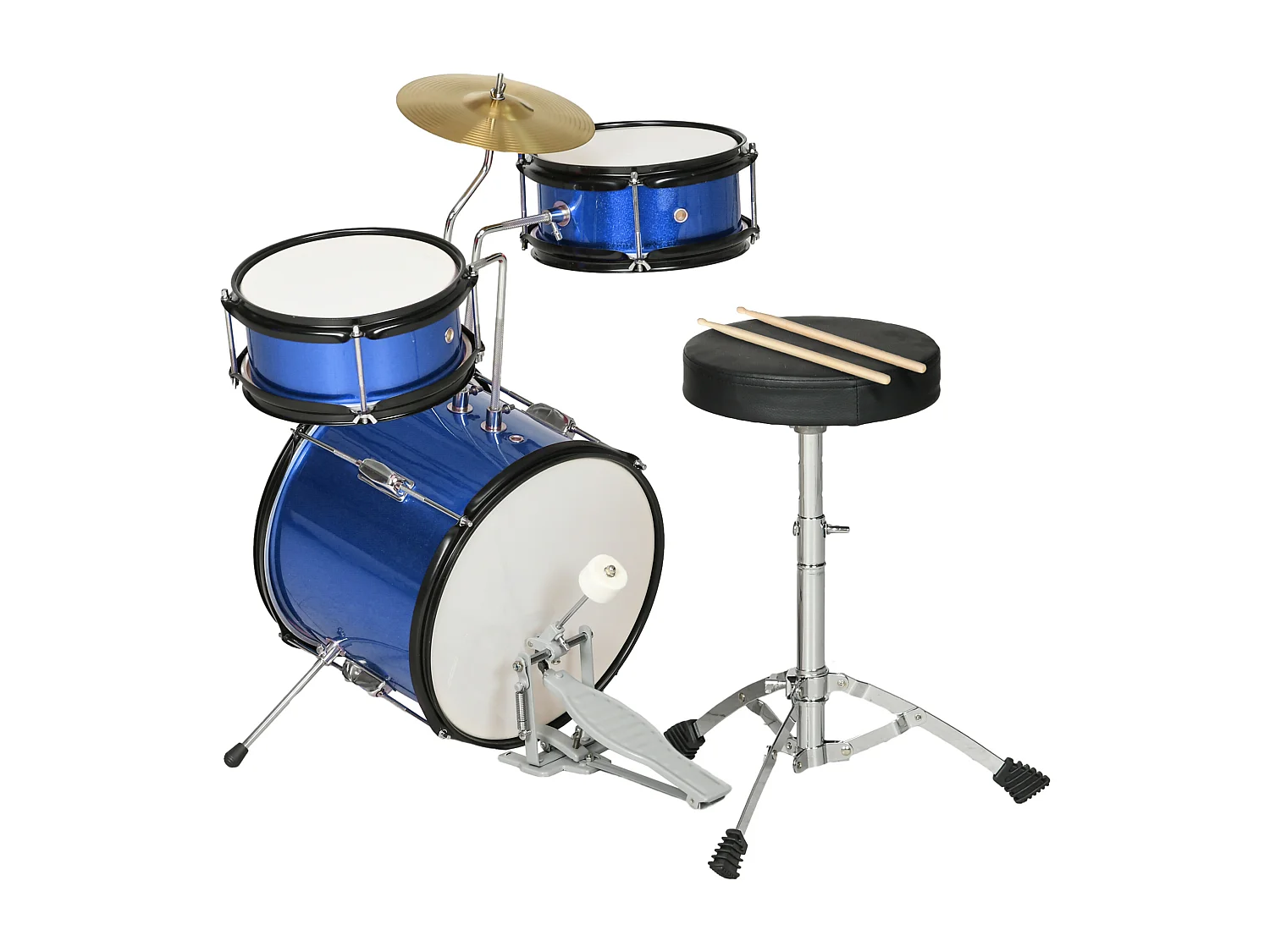 Kit complet de batterie enfant - 7 pièces - tabouret, cymbale réglable, 2 baguettes, 2 toms, caisse, pédale - bleu