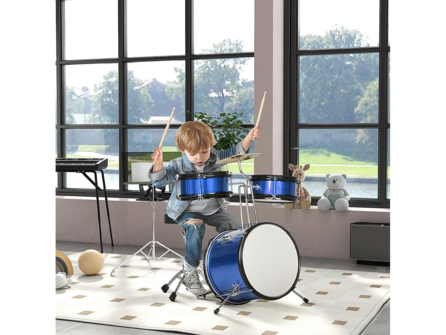 Kit complet de batterie enfant - 7 pièces - tabouret, cymbale réglable, 2 baguettes, 2 toms, caisse, pédale - bleu