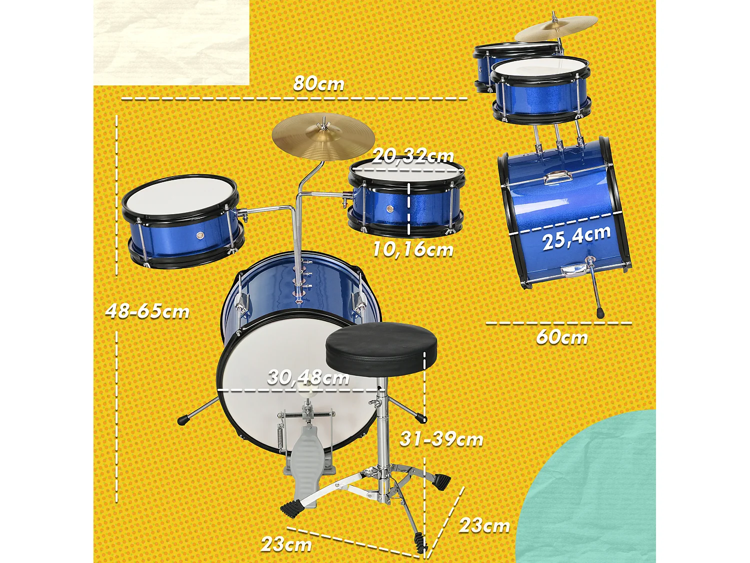 Kit complet de batterie enfant - 7 pièces - tabouret, cymbale réglable, 2 baguettes, 2 toms, caisse, pédale - bleu