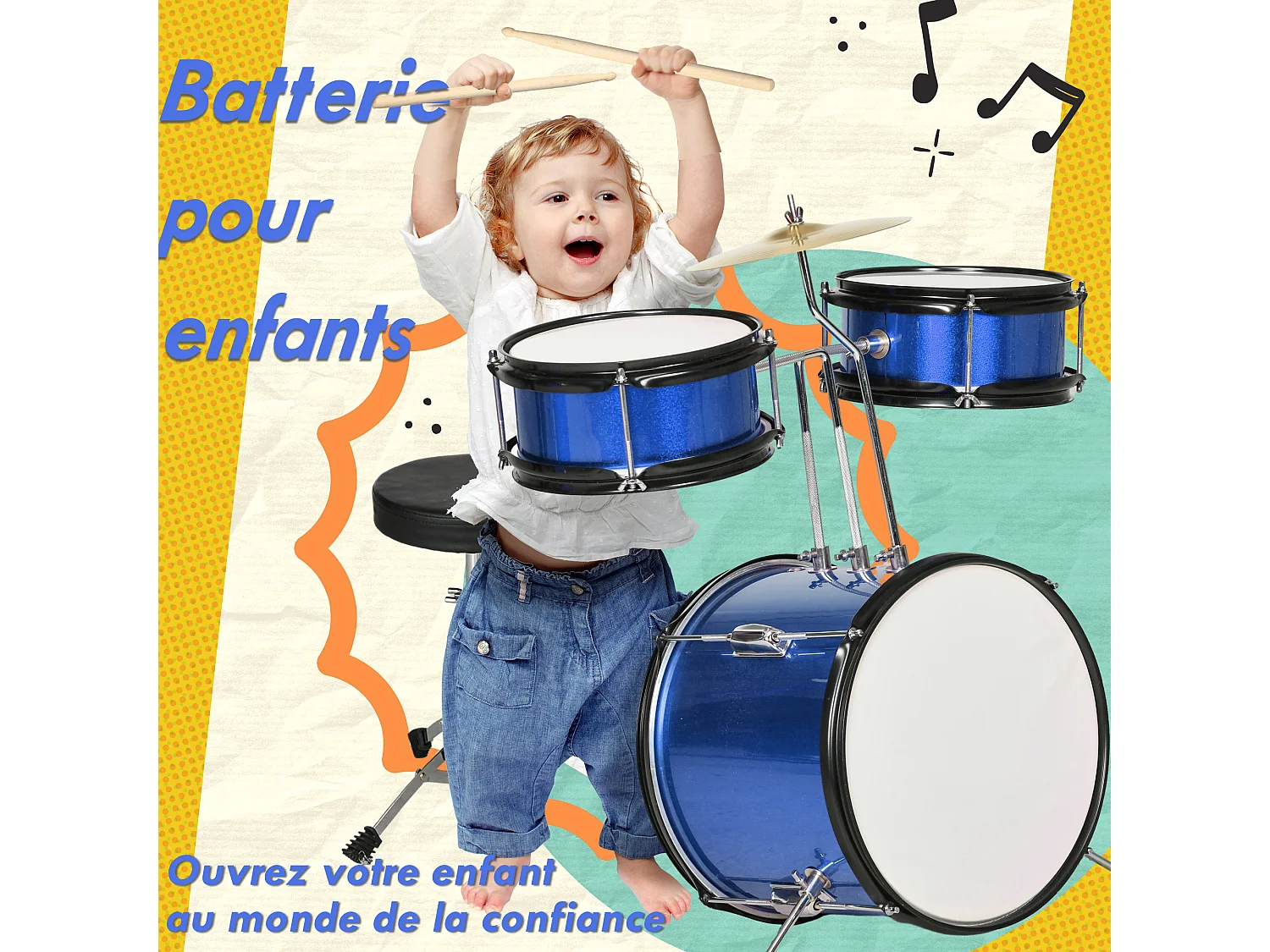 Kit complet de batterie enfant - 7 pièces - tabouret, cymbale réglable, 2 baguettes, 2 toms, caisse, pédale - bleu