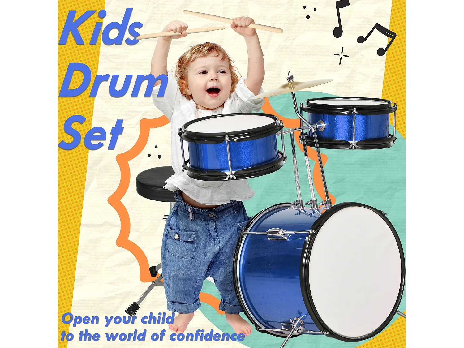 Kit complet de batterie enfant - 7 pièces - tabouret, cymbale réglable, 2 baguettes, 2 toms, caisse, pédale - bleu