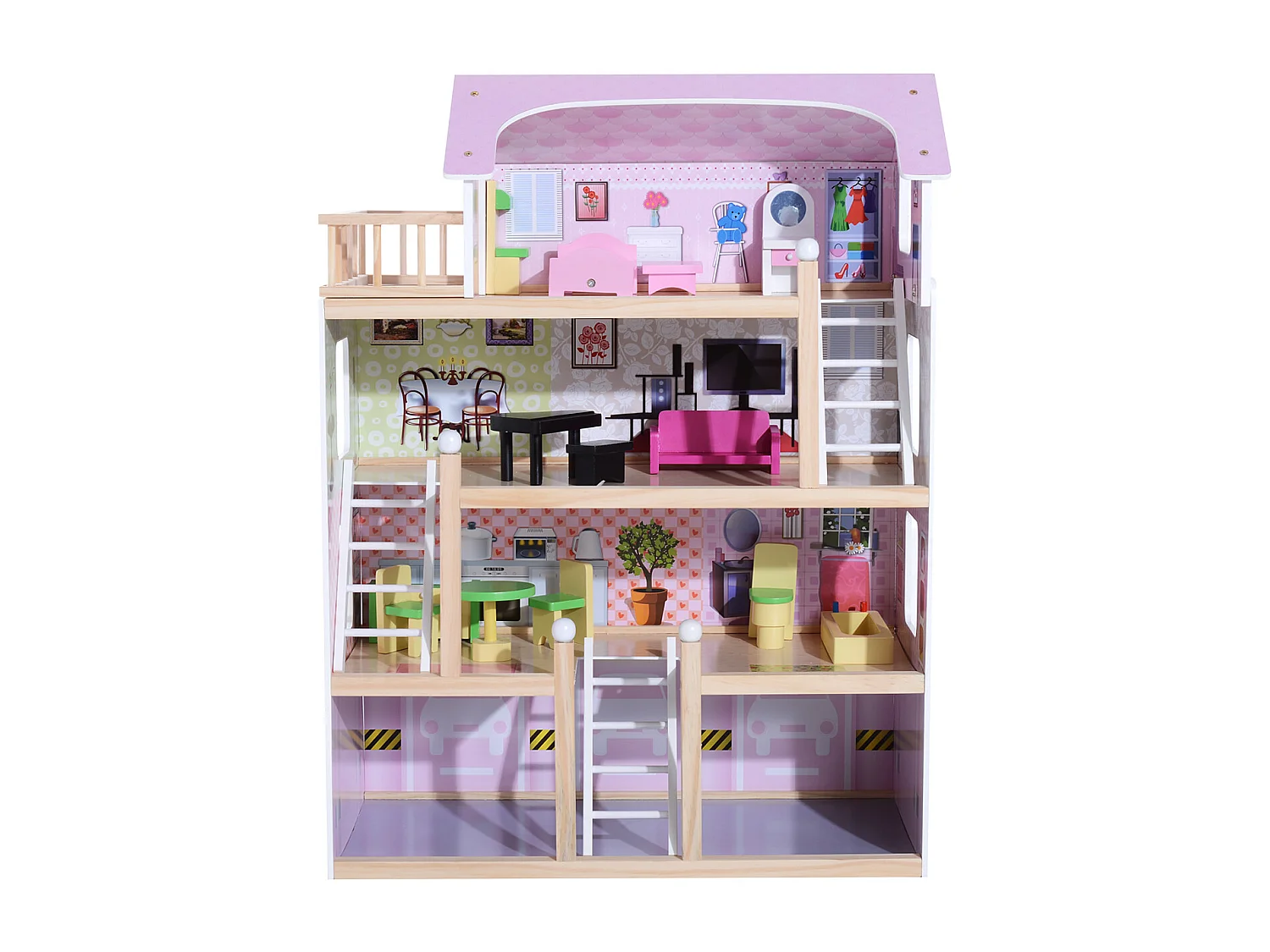 Maison de poupée en bois jeu d'imitation grand réalisme multi-équipement 60L x 30l x 80H cm blanc et rose