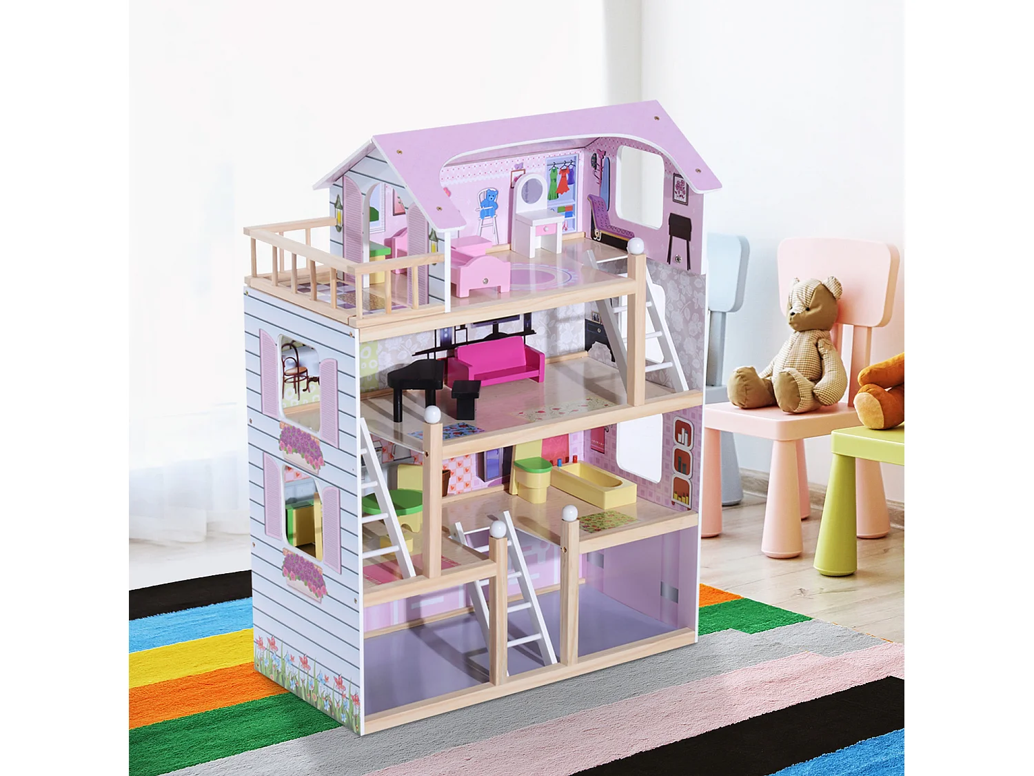 Maison de poupée en bois jeu d'imitation grand réalisme multi-équipement 60L x 30l x 80H cm blanc et rose