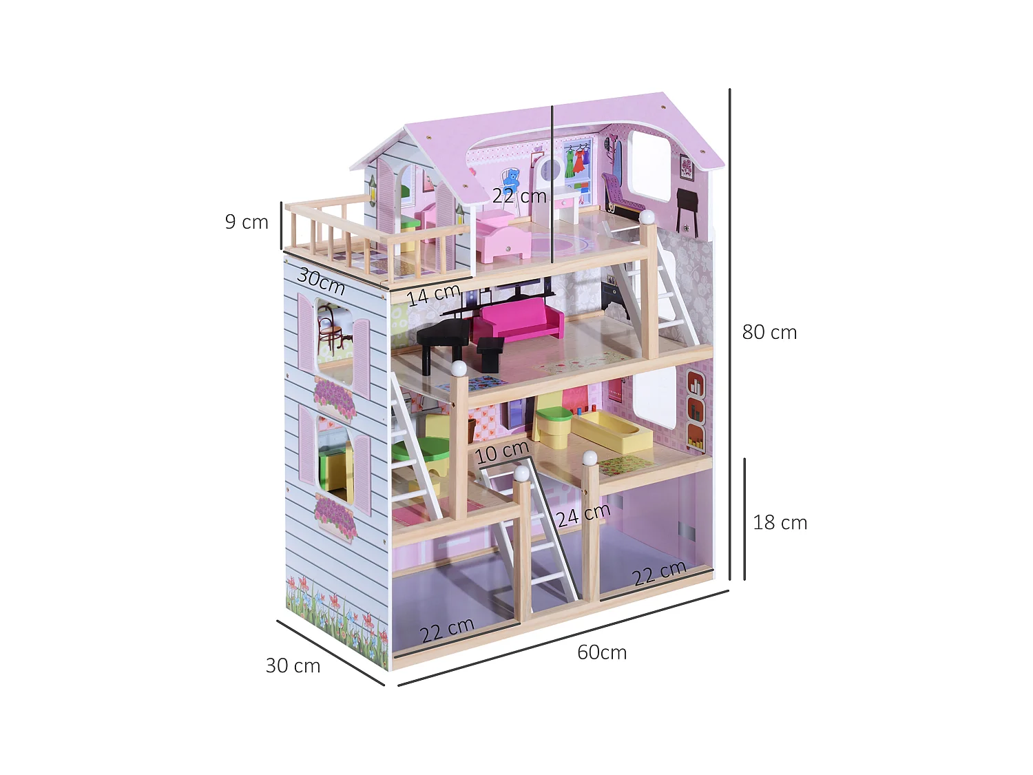 Maison de poupée en bois jeu d'imitation grand réalisme multi-équipement 60L x 30l x 80H cm blanc et rose