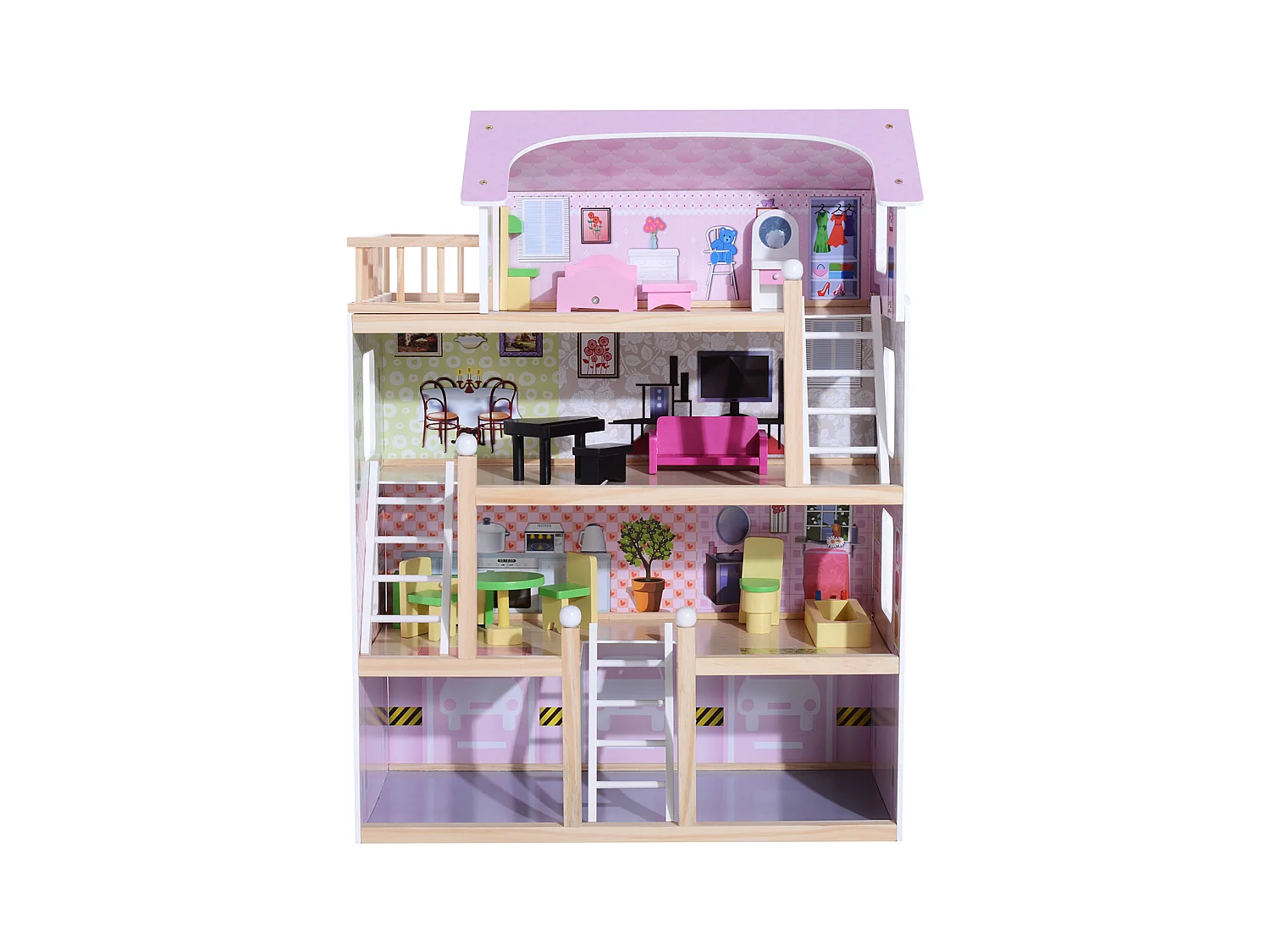 Maison de poupée en bois jeu d'imitation grand réalisme multi-équipement 60L x 30l x 80H cm blanc et rose