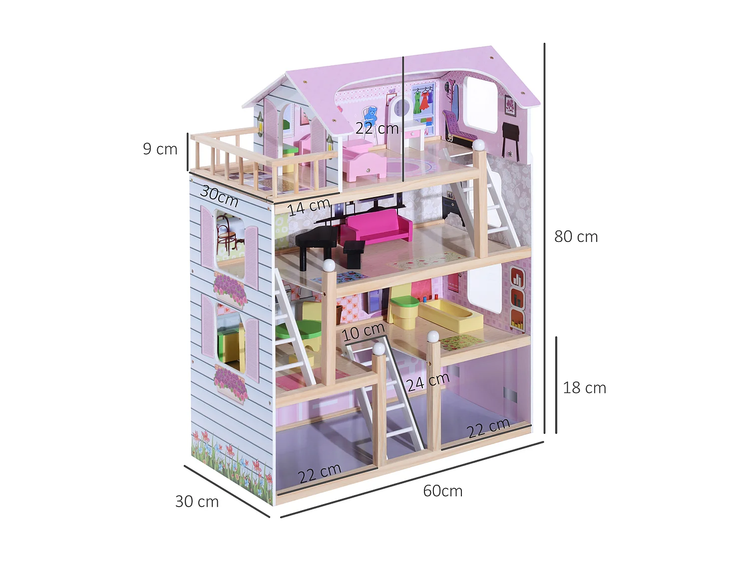 Maison de poupée en bois jeu d'imitation grand réalisme multi-équipement 60L x 30l x 80H cm blanc et rose