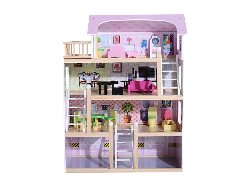 Maison de poupée en bois jeu d'imitation grand réalisme multi-équipement 60L x 30l x 80H cm blanc et rose